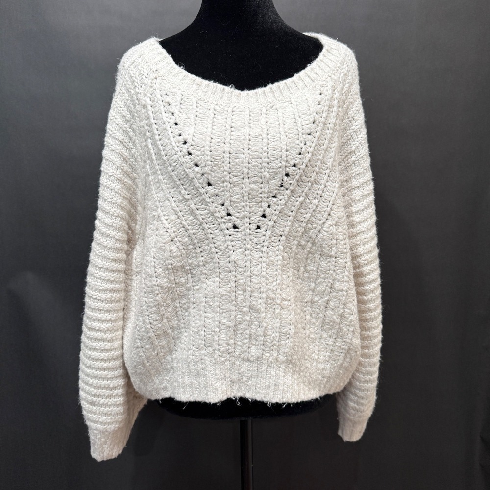 Free People Cream Chunky Knit Oversized Pointelle Chevron Sweater Medium